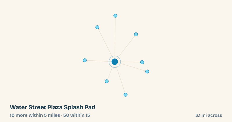 Map of Water Street Plaza Splash Pad and the 50 other splash pads within 15 miles