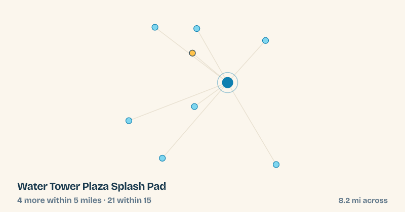 Map of Water Tower Plaza Splash Pad and the 21 other splash pads within 15 miles