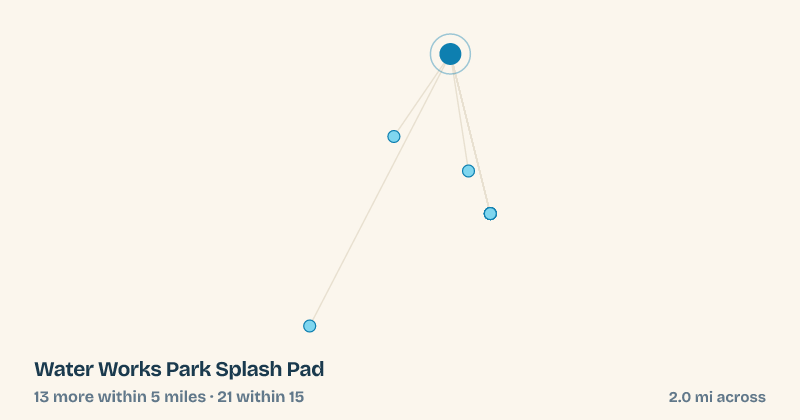 Map of Water Works Park Splash Pad and the 21 other splash pads within 15 miles