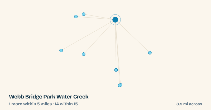 Map of Webb Bridge Park Water Creek and the 14 other splash pads within 15 miles