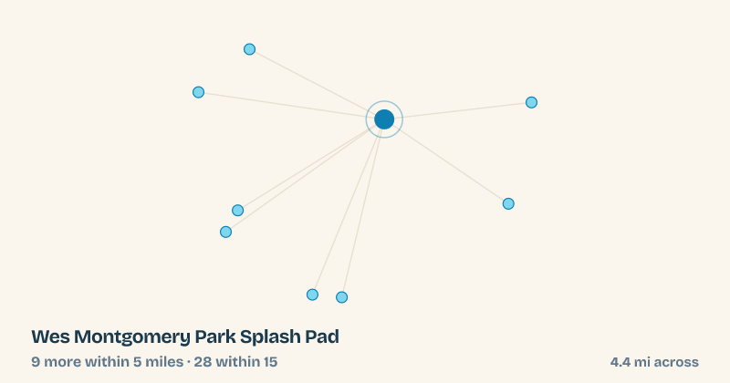 Map of Wes Montgomery Park Splash Pad and the 28 other splash pads within 15 miles