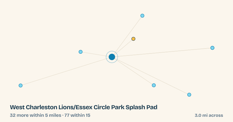 Map of West Charleston Lions/Essex Circle Park Splash Pad and the 77 other splash pads within 15 miles