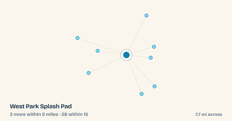 Map of West Park Splash Pad and the 28 other splash pads within 15 miles