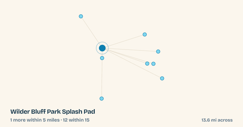 Map of Wilder Bluff Park Splash Pad and the 12 other splash pads within 15 miles