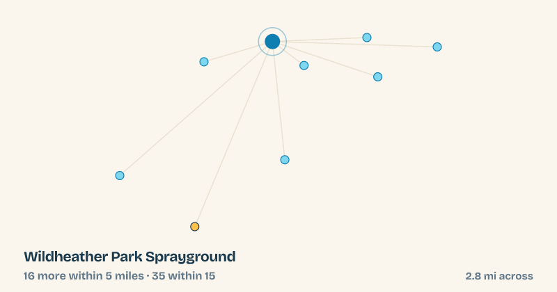 Map of Wildheather Park Sprayground and the 35 other splash pads within 15 miles