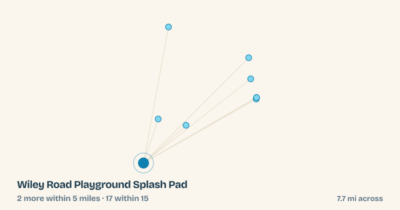 Map of Wiley Road Playground Splash Pad and the 17 other splash pads within 15 miles