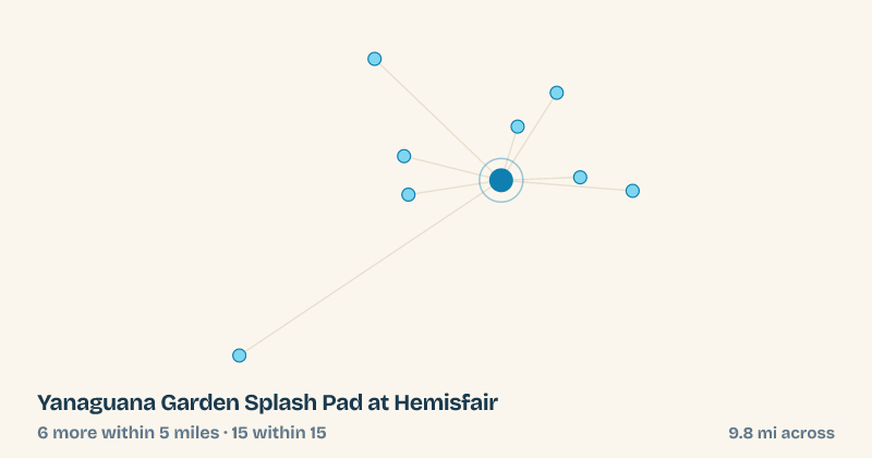 Map of Yanaguana Garden Splash Pad at Hemisfair and the 15 other splash pads within 15 miles