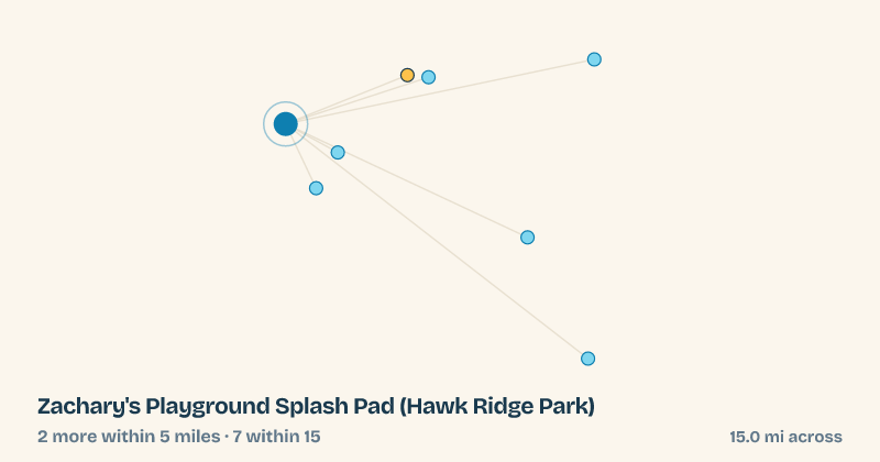 Map of Zachary's Playground Splash Pad (Hawk Ridge Park) and the 7 other splash pads within 15 miles